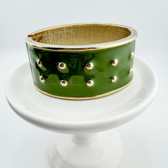 Vintage Green Enamel Cuff Bracelet Reversible Gold-Tone Studs Retro Glam Dots - Picture 7 of 13